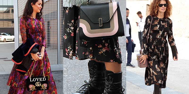 Street style inverno 2017 2018. Tendenza moda: abiti lunghi con fantasia
