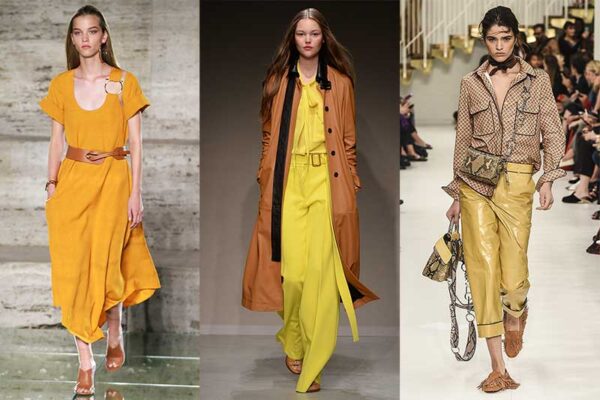 Colore di moda: il giallo. Da sinistra a destra: Ferragamo, Trussardi, Tod's