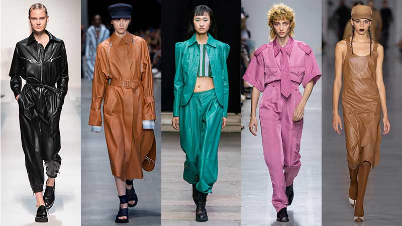 Tendenze moda primavera estate 2020 2020. Pelle e finta pelle. Sfilate da sinistra a destra: Ermanno Scervino, Sportmax, Cristiano Burani, Annakiki, Max Mara