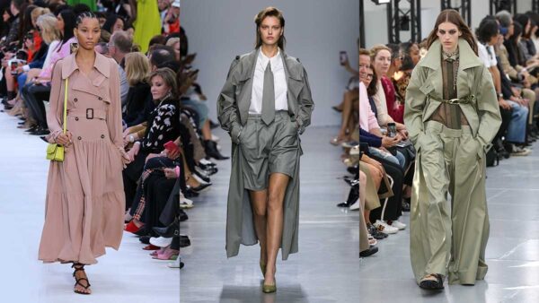 Tendenze moda donna estate 2020. Il trench coat, vecchio ma anche nuovo amore. Ecco come portarlo. Da sinistra Valentino, Annakiki, Sacai