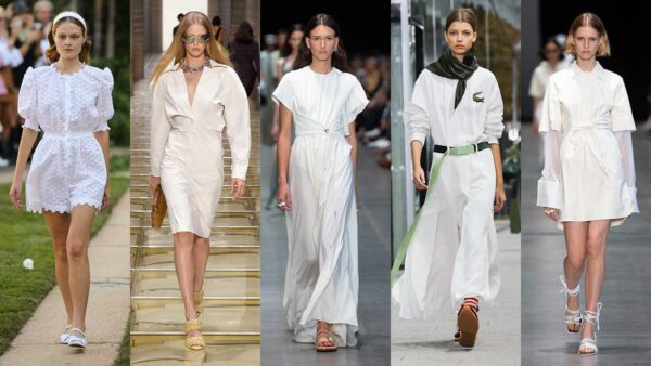 La moda per l’estate 2020, total white: sportivo, romantico, elegante. Scegliete il vostro stile. Sfilate da sin a dx: uisa Beccaria, Bottega Veneta, Sportmax, Lacoste, Sportmax