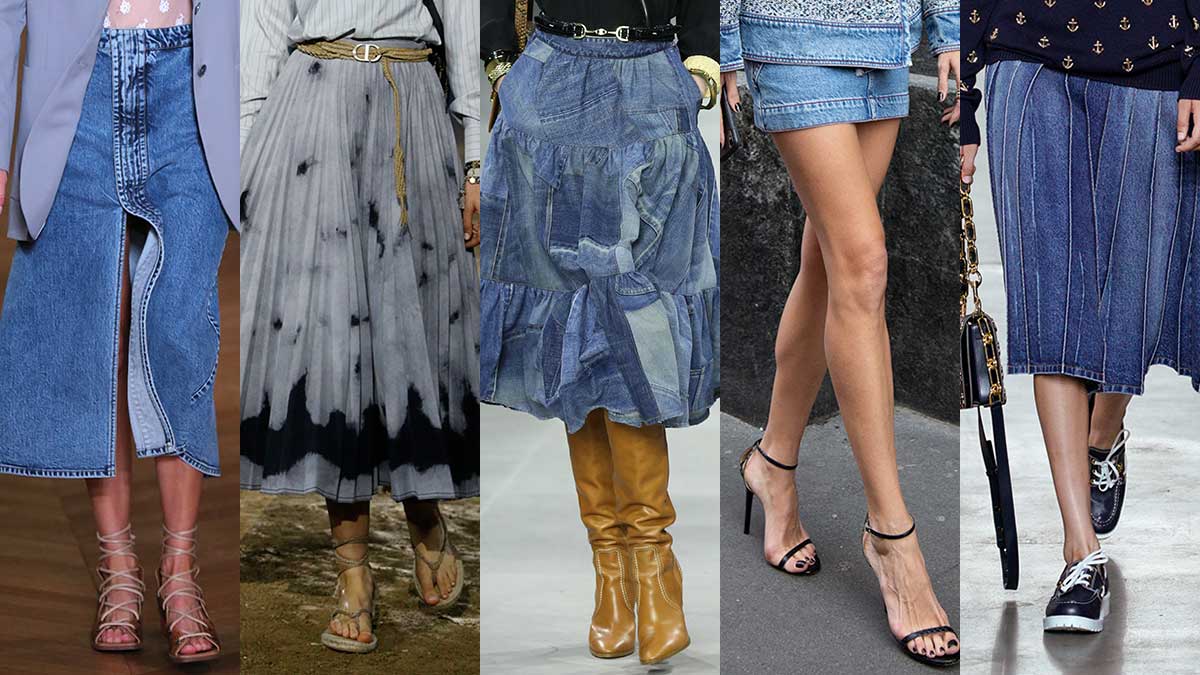 Tendenze moda estate 2020. Un must have: la gonna in denim. Da sinistra a destra: Stella McCartney, Dior, Celine, streetstyle, Michael Kors