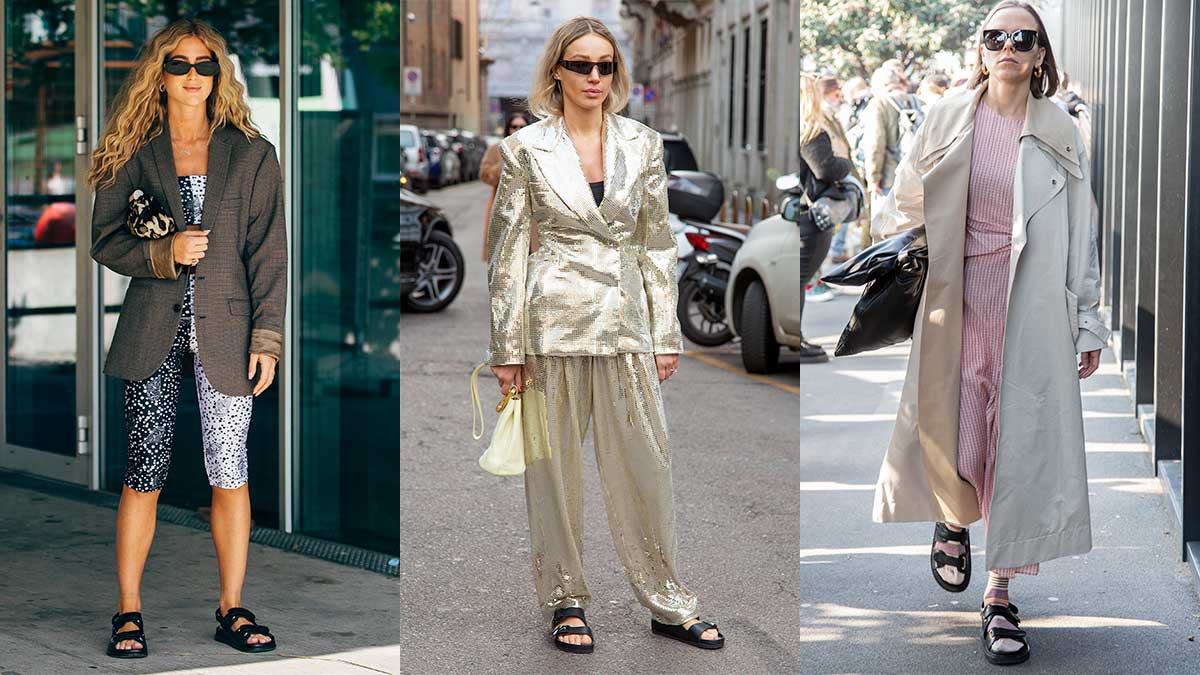 Tendenze street style estate 2020. I sandali (con le calze!) sono cool! Cosa ne pensate? - Foto a sinistra Copenhagen Fashion Week - Foto centro e destra Charlotte Mesman