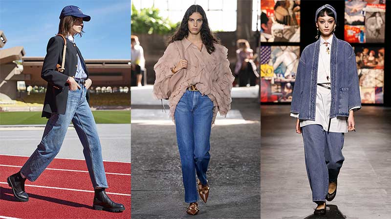 Tendenze denim jeans 2021. Foto da sinistra a destra: Celine, Valentino, Dior