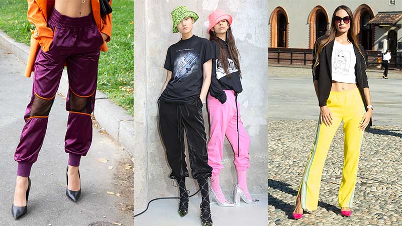 Tendenze moda street style donna 2021. I tacchi sotto i pantaloni della tuta