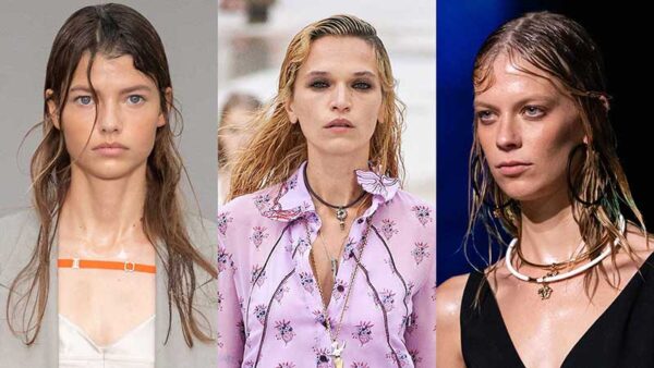 Tendenze capelli primavera estate 2021. Acconciature wet look. Foto da sinistra a destra: Sportmax, Chloé, Versace