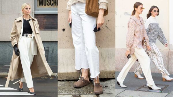 Moda street style donna estate 2021. Pantaloni bianchi
