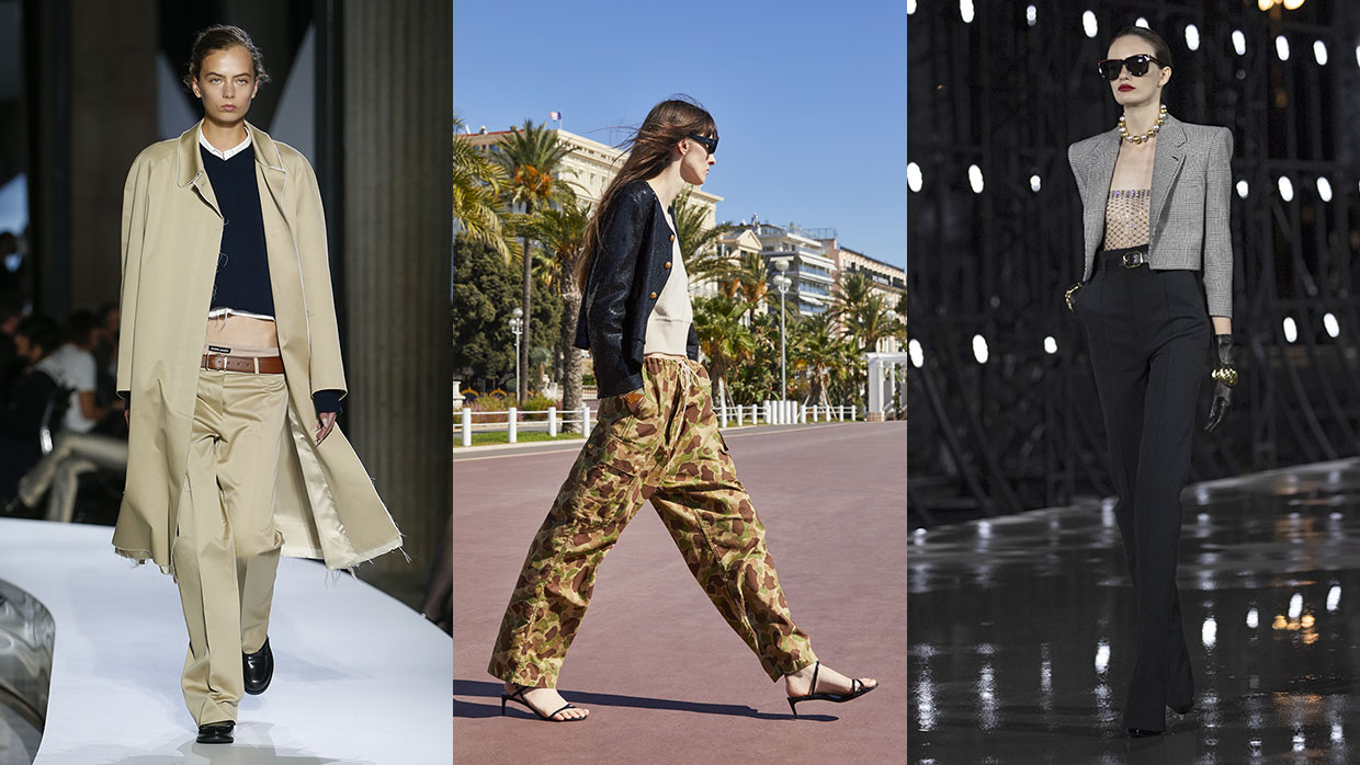 Tendenze pantaloni primavera estate 2022. Photo courtesy of Miu Miu, Celine, Saint Laurent